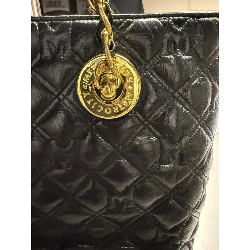 Metrocity Black Quilted Leather‎ Tote Bag Gold Hardware Logo Charm Shoulder Bag